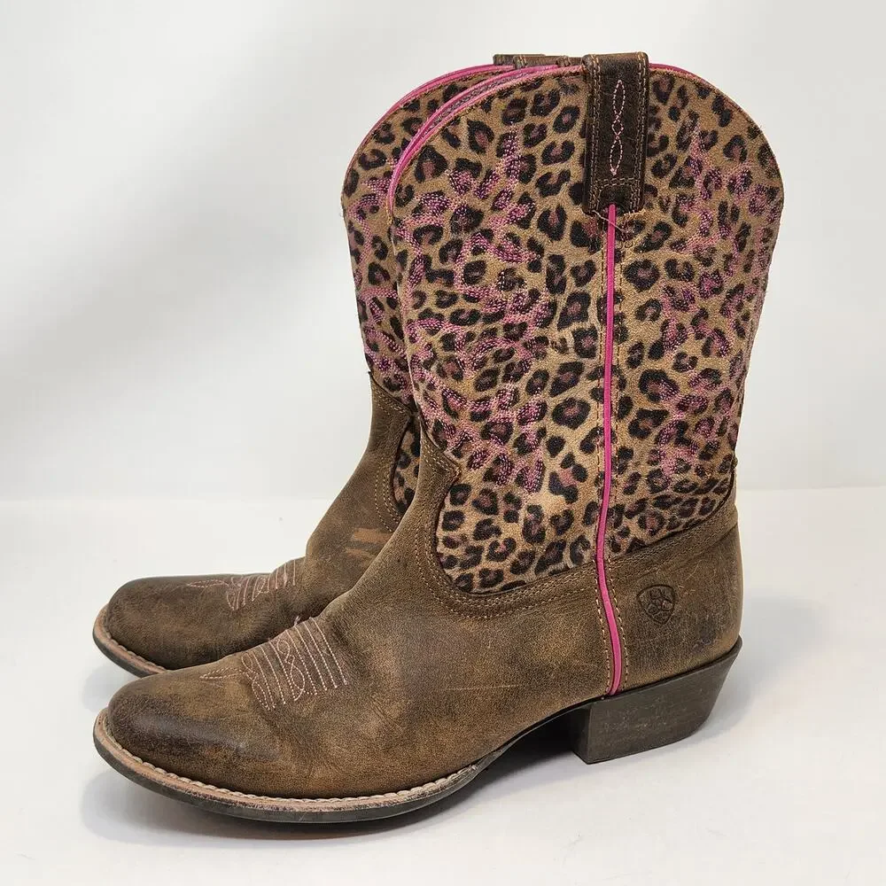 Ariat Legend Cheetah Pink Brown Distressed Leather Western Boots Girls Size 5.5